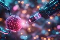 Futuristic medical nanotechnology concept with robotic arm approaching glowing pink cell against colorful bokeh background for healthcare innovation.