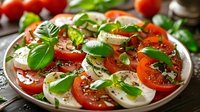 Fresh caprese salad with sliced tomatoes, mozzarella, basil leaves and balsamic glaze arranged on white plate, close up view. Mediterranean cuisine for menu.