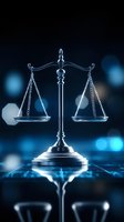 Scales of justice on dramatic blue background with bokeh lights and reflection. Legal system and law concept for attorney, lawyer services and judicial decisions.