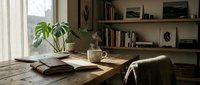 Young woman with light skin tone, wearing casual clothing, sitting at wooden desk in bright home office workspace with potted plant, open books, shelves, and natural window light for remote work and study.