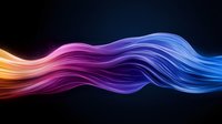 Vibrant flowing waves of light in orange, purple and blue colors create dynamic motion effect against dark background, abstract modern design element.