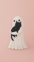 Cute ghost holding black cat illustration on pink background. Minimalist Halloween character with friendly expression and flowing white sheet design.