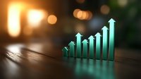 Growing bar chart with glowing turquoise arrows showing upward trend on wooden surface against blurred warm bokeh background, representing business growth and success.