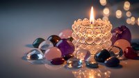 Ornate crystal candle holder with burning flame surrounded by colorful gemstones and bokeh lights creating warm ambient atmosphere for meditation and relaxation.