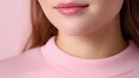 Close up view of young woman wearing pink lipstick and pink sweater against soft pink background, showing partial face focused on natural smile and lips.