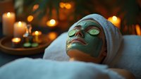 Relaxed woman with green facial mask and cucumber slices on eyes, wrapped in towel, surrounded by candles and spa products for wellness and beauty treatments.