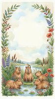 Watercolor capybara family in pond surrounded by floral border frame with wildflowers, leaves and berries creating peaceful nature scene for greeting cards.