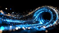Glowing blue wave of light particles with bokeh effect creates dynamic swirl pattern against dark background, suggesting digital transformation and energy flow.