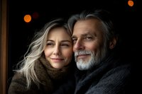 Happy mature Caucasian couple embracing warmly indoors wearing cozy sweaters, expressing love and togetherness in comfortable home setting during winter season.