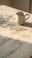 Ceramic mug with speckled glaze sitting on weathered wooden table in natural sunlight, casting soft shadows. Suitable for lifestyle, home decor, and beverage product photography.
