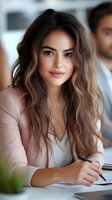 Young professional woman with long wavy brown hair smiling confidently during business meeting in modern office environment for corporate presentations.