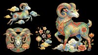 Ornate ram and goat set in colorful folk art style, isolated on transparent background. Great for lunar new year clipart, stickers, t-shirt design, print on demand.