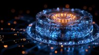 Futuristic circular technology with glowing orange and blue light effects against dark background, representing quantum computing or advanced digital processing.