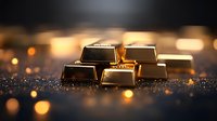 Shiny gold bars scattered on dark glittering surface with warm bokeh lights in background, luxury wealth concept for financial and investment designs.