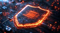 Glowing orange shield symbol on computer circuit board representing cybersecurity and digital data protection in dark tech environment with bokeh effects.