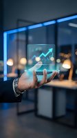 Businessman holding holographic display with upward trending arrow and financial charts for business growth analytics and investment strategy.