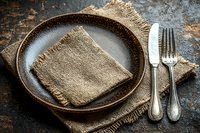 Rustic table setting with dark ceramic plate on burlap napkin, vintage silverware fork and knife on weathered wooden surface. Moody restaurant atmosphere.