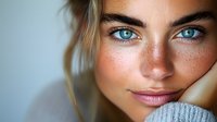 Close up portrait of young woman with bright blue eyes, natural freckles, and glowing skin wearing cozy knit sweater, expressing gentle smile and warmth against soft background.