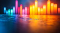 Colorful glowing audio equalizer bars in blue, pink, and orange colors reflecting on wet surface create dynamic music visualization background.