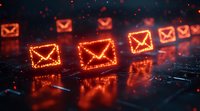 Glowing red envelope icons floating over reflective dark surface with particles, representing digital communication and email marketing concept in futuristic style.