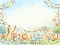 Cute animals and toys arranged in a whimsical garden scene with bunting, balloons, and rainbow for children's nursery, greeting cards, and baby shower designs.
