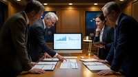 Business team of three Caucasian men and one woman in suits analyzing financial charts during a corporate boardroom meeting at night.