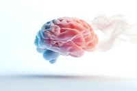 Colorful smoke forming human brain shape with pink and blue gradient colors on light background, concept of mind and cognition.