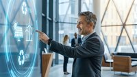 Middle-aged Caucasian businessman in suit interacting with futuristic holographic interface displaying sustainability icons in modern office environment.