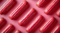 Vibrant red eclairs arranged in diagonal rows on pink background create modern geometric pattern. Sweet pastries with glossy glaze showcase minimalist food styling.