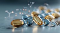 Vitamin supplements and pills with molecular structure background for healthcare and pharmaceutical industry concepts.