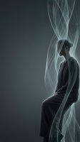 Man in dark clothing sits in profile against flowing translucent veils, creating ethereal atmosphere for conceptual, spiritual, and editorial design projects.