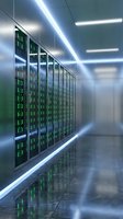 Server room with rows of black server racks displaying green LED indicator lights, illuminated by bright white neon strips. Modern data center facility for cloud computing and network infrastructure.