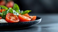 Fresh caprese salad with ripe tomatoes, mozzarella cheese and basil leaves on dark plate. Healthy Mediterranean cuisine for restaurant menu design.