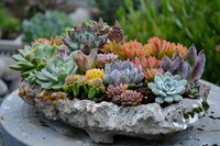 Beautiful succulent garden arrangement in natural stone container featuring colorful echeveria, sempervivum and sedum varieties perfect for modern landscape design and home decor.