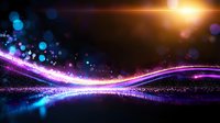 Magical glowing wave with purple and blue particles floating in dark space, bright lens flare effect creates mystical atmosphere. Suitable for abstract backgrounds.