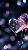 Transparent heart-shaped balloons with pink glow against dark bokeh background, romantic mood lighting creates dreamy atmosphere for Valentine's Day celebrations.
