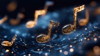 Glowing golden musical notes floating on dark blue background with bokeh lights and sparkles create magical atmosphere for music and entertainment designs.