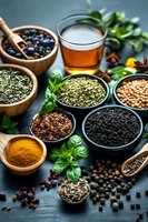 Aromatic spices and herbs in wooden bowls with fresh basil leaves and herbal tea on dark background, variety of seasonings for cooking and natural medicine.
