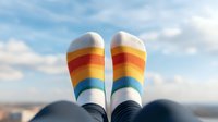 Colorful striped socks against blurred urban skyline and clouds. Feet crossed at ankles showing rainbow pattern socks representing joy, pride and self-expression.