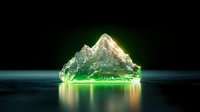 Glowing crystal mountain formation with green neon light reflection on dark water surface creates mystical atmosphere for fantasy and spiritual concepts.
