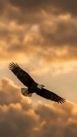 Bald eagle soaring through golden sunset clouds with wings spread wide, silhouetted against dramatic warm sky for wildlife and nature themes.