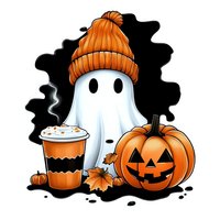 Cute ghost wearing orange knit beanie with pumpkin spice latte and jack o lantern, autumn leaves on black background, isolated Halloween illustration.