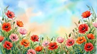 Watercolor poppy flowers meadow with red pink orange blooms against soft blue sky background. Spring summer floral border frame for greeting cards designs.