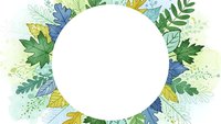 Watercolor botanical frame with green blue yellow leaves surrounding white circle space for text or logo design on transparent background.