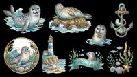 Isolated seal and marine life collection on transparent background, ready for t-shirt design, clipart, stickers, sublimation and print-on-demand products.