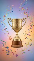 Golden trophy cup with ornate handles on wooden base surrounded by colorful confetti and ribbons against gradient background for celebration and achievement.