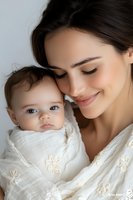 Young mother in white lace dress holding mixed race baby in matching white outfit, tender moment between parent and child against light background.