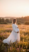 Pregnant woman in flowing white dress cradling belly in wildflower meadow during golden hour sunset for maternity photography and wellness content.