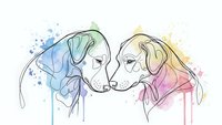 Two dogs touching noses in watercolor line art style with colorful paint splashes on white background for pet lover designs and greeting cards.
