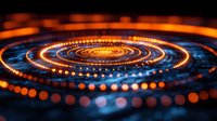 Glowing orange and blue spiral pattern with light dots creating dynamic circular motion effect against dark background, abstract technological concept.